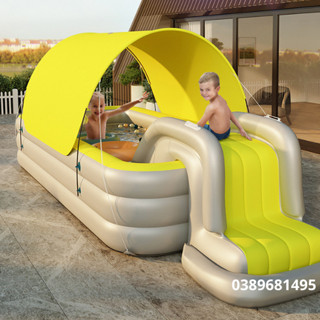 Bể bơi ngoài trời có mái che cho bé và gia đình chống nắng nóng mùa hè cầu trượt phao kèm máy bơm