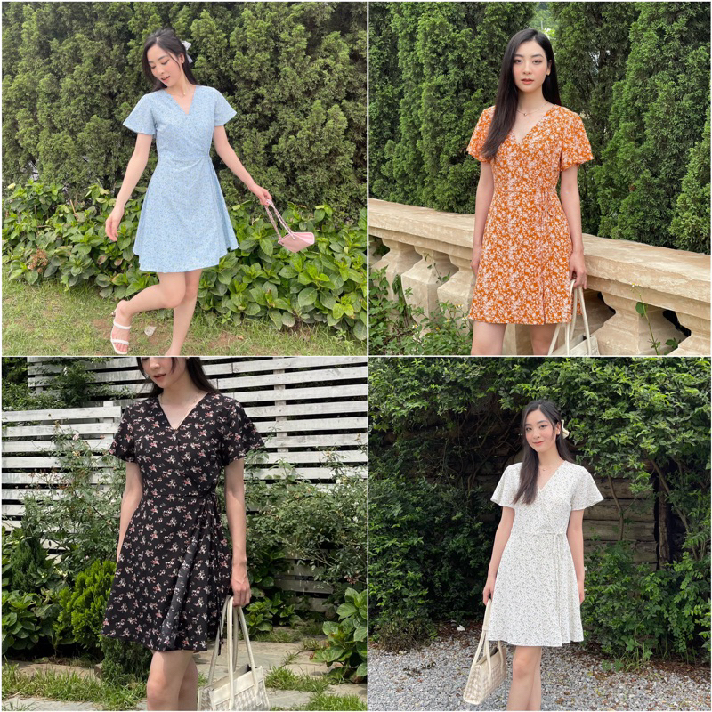 Váy (jumpsuit) hoa nhí lệch vạt chiết eo tôn dáng có lót quần