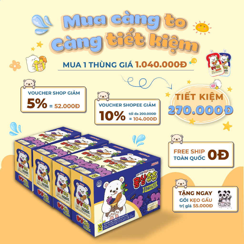 (Tặng Nước Dinh Dưỡng Thiên Tài Arto ) 1 Thùng Nước Hồng Sâm Chuchu. Nước Hồng Sâm Hàn Quốc Cho Bé Dang Gói