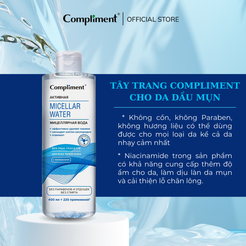 Nước Tẩy Trang Compliment Micella Water giúp loại bỏ bụi bẩn, làm sạch sâu dành cho da mụn và da nhạy cảm 200ml