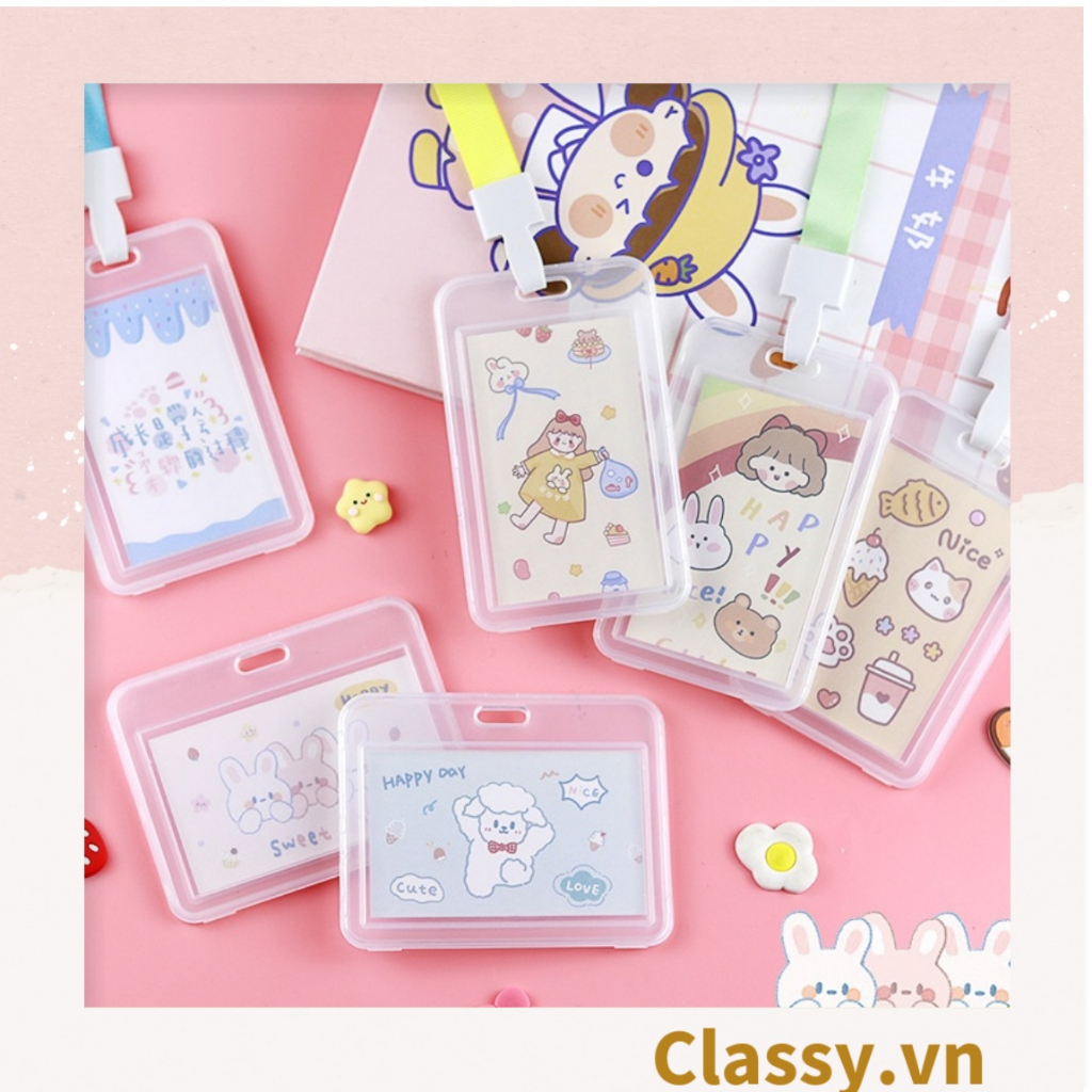 Thẻ đeo Classy bảng tên dọc, nhựa trong suốt cao cấp PK1403 họa tiết hoạt hình ngẫu nhiên