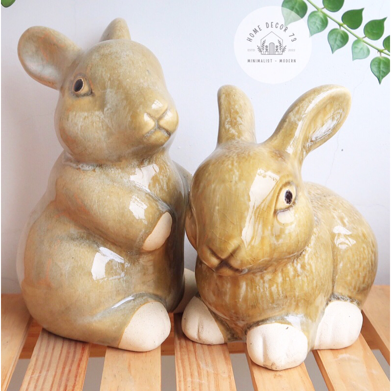 Tượng trang trí hình con Thỏ nâu dễ thương-gốm sứ tráng men cao cấp-decor sân vườn, tiểu cảnh