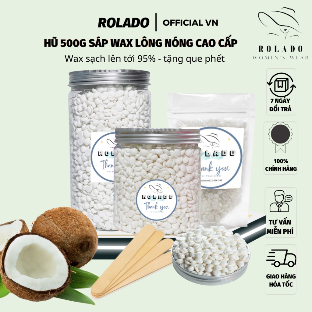 Sáp wax lông nóng sữa dừa cao cấp ROLADO siêu bám lông hộp 500G, dùng được có da nhảy cảm tặng kèm que phết sáp