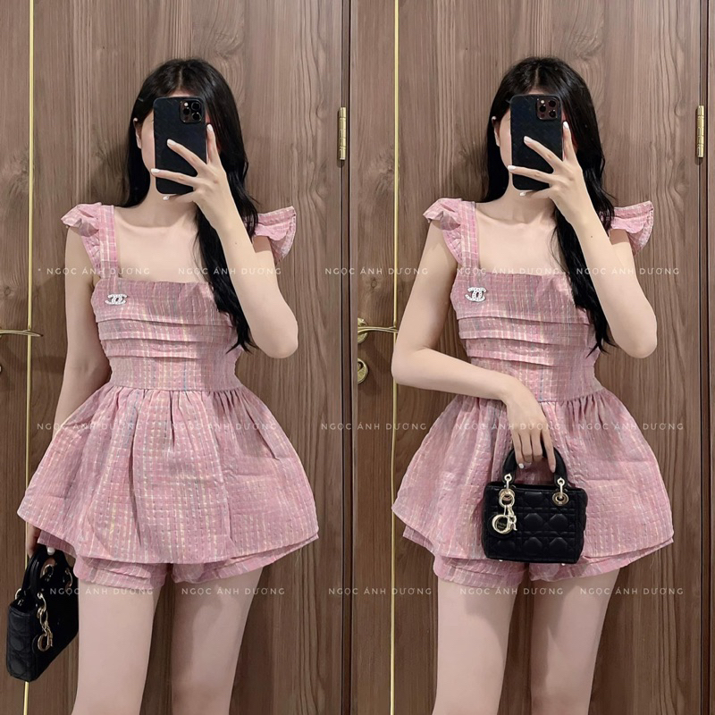 Set Bộ Tằm 2 Line  Thiết Kế QC Áo Cánh Tiên Babidoll Kèm Phụ Kiện Chaneo + Quần Short Đùi Loe 2 Lớp