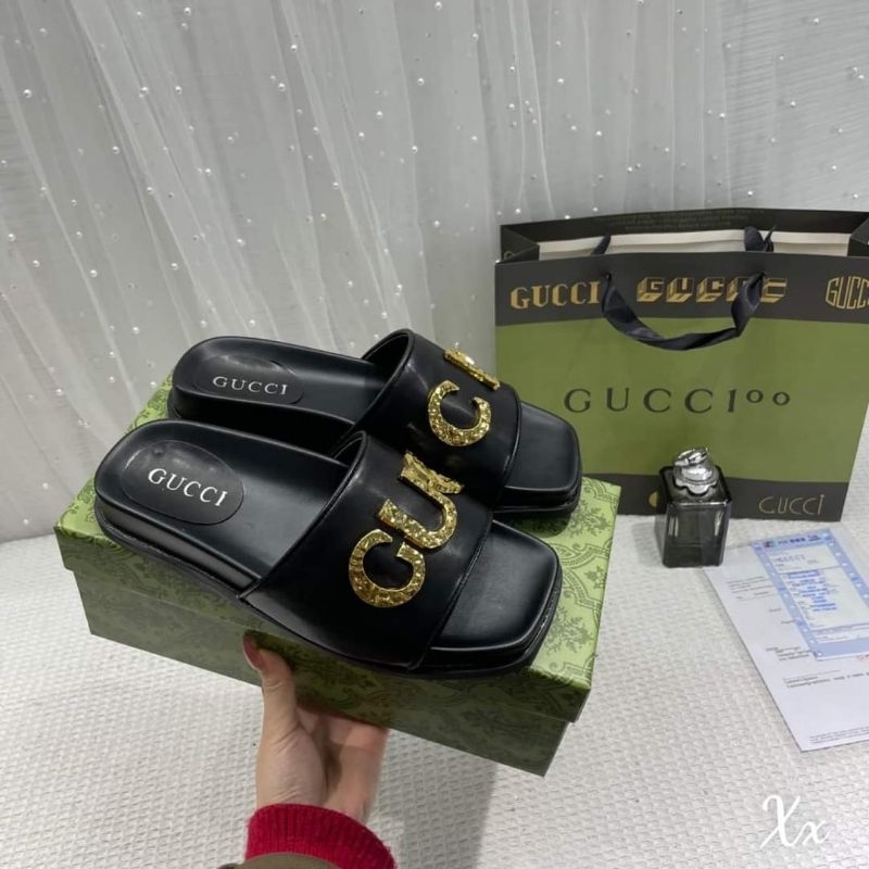 Dép nữ đế thấp quai ngang to chữ G vàng Nguyên hộp hãng cao cấp