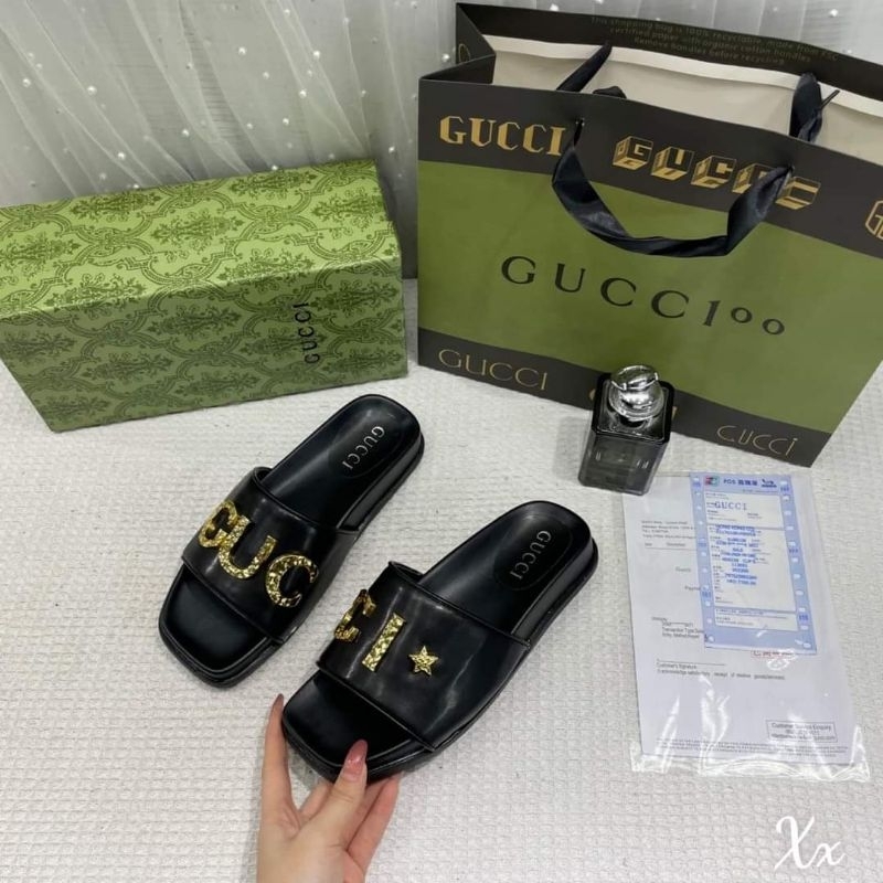 Dép nữ đế thấp quai ngang to chữ G vàng Nguyên hộp hãng cao cấp