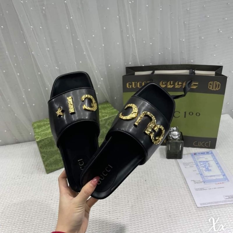 Dép nữ đế thấp quai ngang to chữ G vàng Nguyên hộp hãng cao cấp