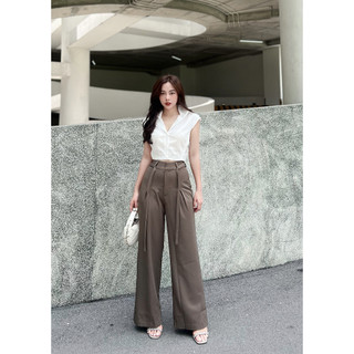 Set sơ mi croptop + quần xuông ống rộng nâu Hàng thiết kế LuciK Shop SB0012