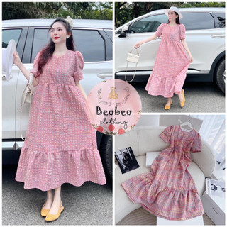 [Ảnh thật] Đầm babydoll sọc hồng chân bèo tay phồng dễ thương