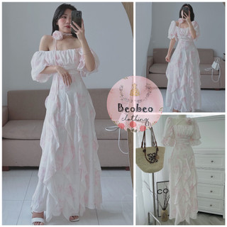 [Ảnh thật] Đầm maxi voan cổ u tay phồng phối bèo kèm nơ hoa