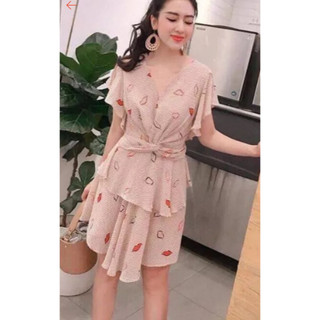 Đầm voan môi 2 lớp  Cổ V phối tầng  dây cột eo dự tiệc sang trọng