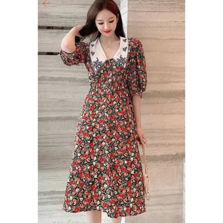 Đầm xoè hoa nhí thời trang công sở cổ phối ren Chất UMI mềm mịn , dây cột eo tay phồng quý phái