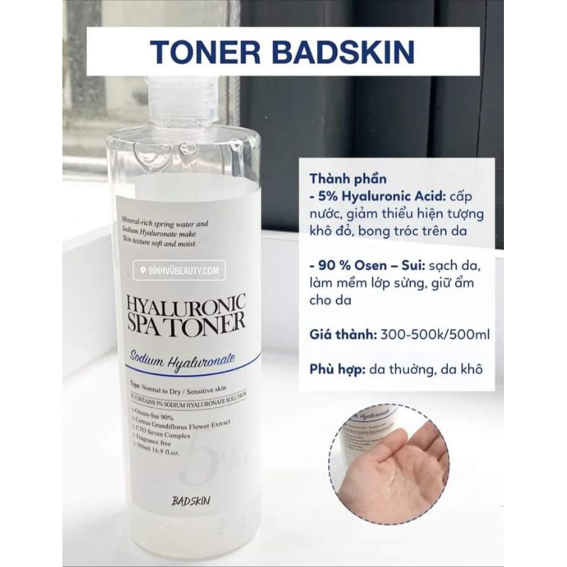 Toner cấp nước BADSKINHYALURONIC SPA TONER 500ml