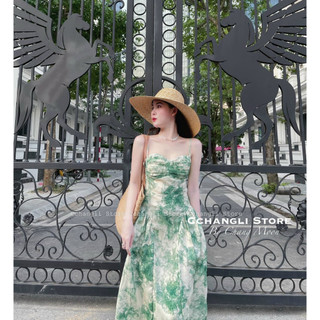 Đầm maxi 2 dây dáng xòe xếp ly in họa tiết dễ thương
