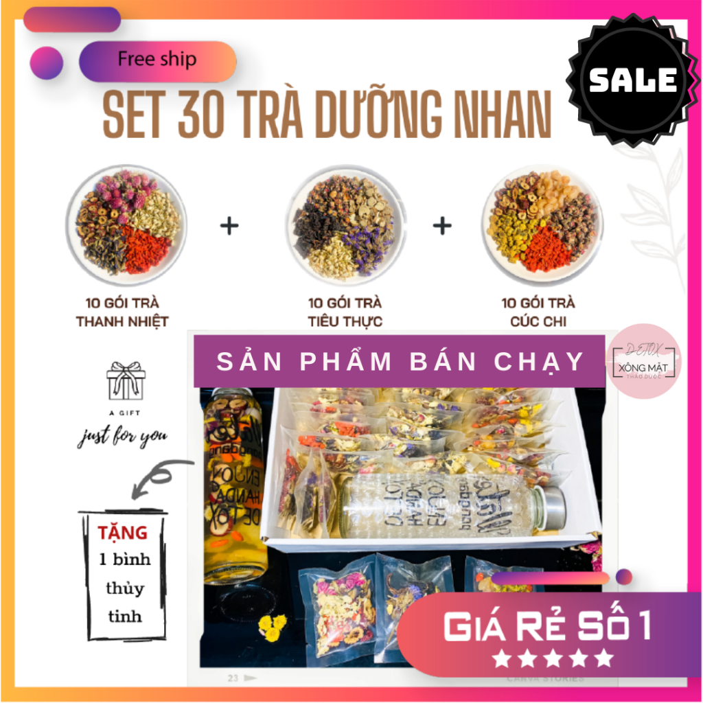 SET 30 gói TRÀ DƯỠNG NHAN + tặng bình thủy tinh 500ml đẹp da, dễ ngủ
