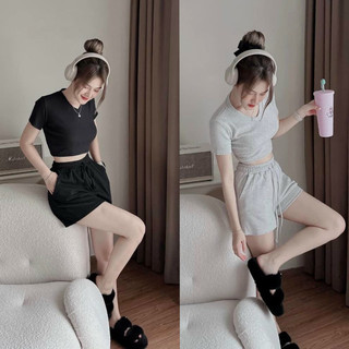Set Áo Croptop quần đùi nữ hai màu chất bozip dày dặn AO18