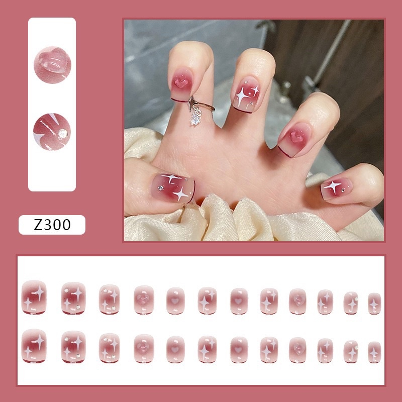 Móng tay giả dài đính đá bộ 24 móng nail box kèm keo