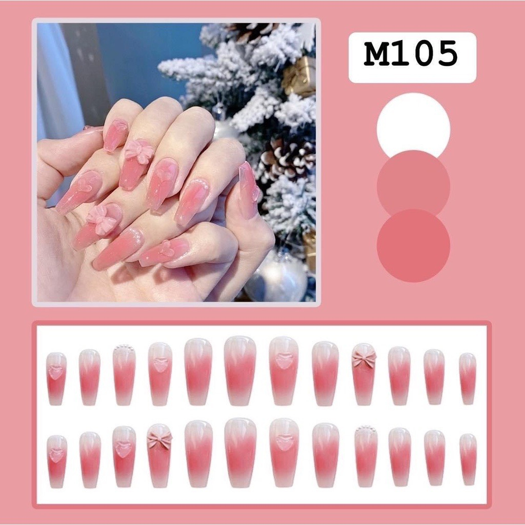 Móng tay giả dài đính đá bộ 24 móng nail box kèm keo