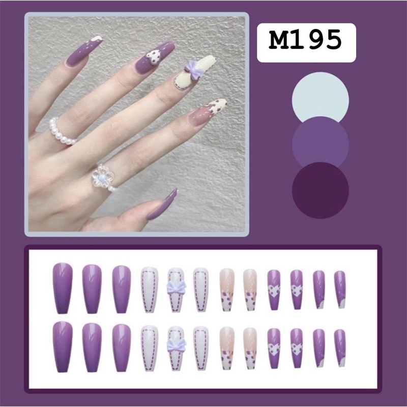 Móng tay giả dài đính đá bộ 24 móng nail box kèm keo