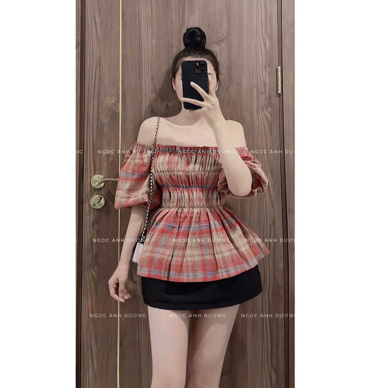 Áo kẻ trễ vai chất thô mềm