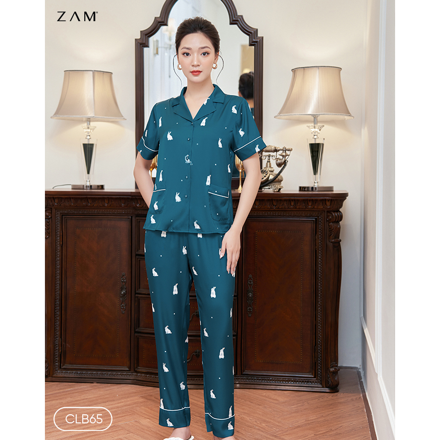 Bộ ngủ satin ZAM - Hoạ tiết THỎ NGỌC XANH