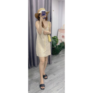 ĐẦM 2 DÂY LINEN ĐÍNH NÚT