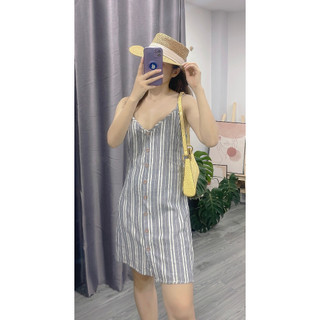ĐẦM 2 DÂY LINEN ĐÍNH NÚT