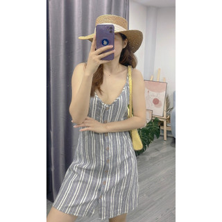 ĐẦM 2 DÂY LINEN ĐÍNH NÚT