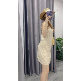 ĐẦM 2 DÂY LINEN ĐÍNH NÚT