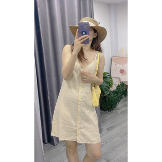 ĐẦM 2 DÂY LINEN ĐÍNH NÚT