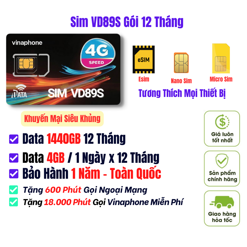 Sim VD89S Data 4GB 1 Ngày Sử Dụng 1440GB 1 Năm , Miễn Phí Cuộc Gọi , Bảo Hành 12 Tháng Toàn Quốc