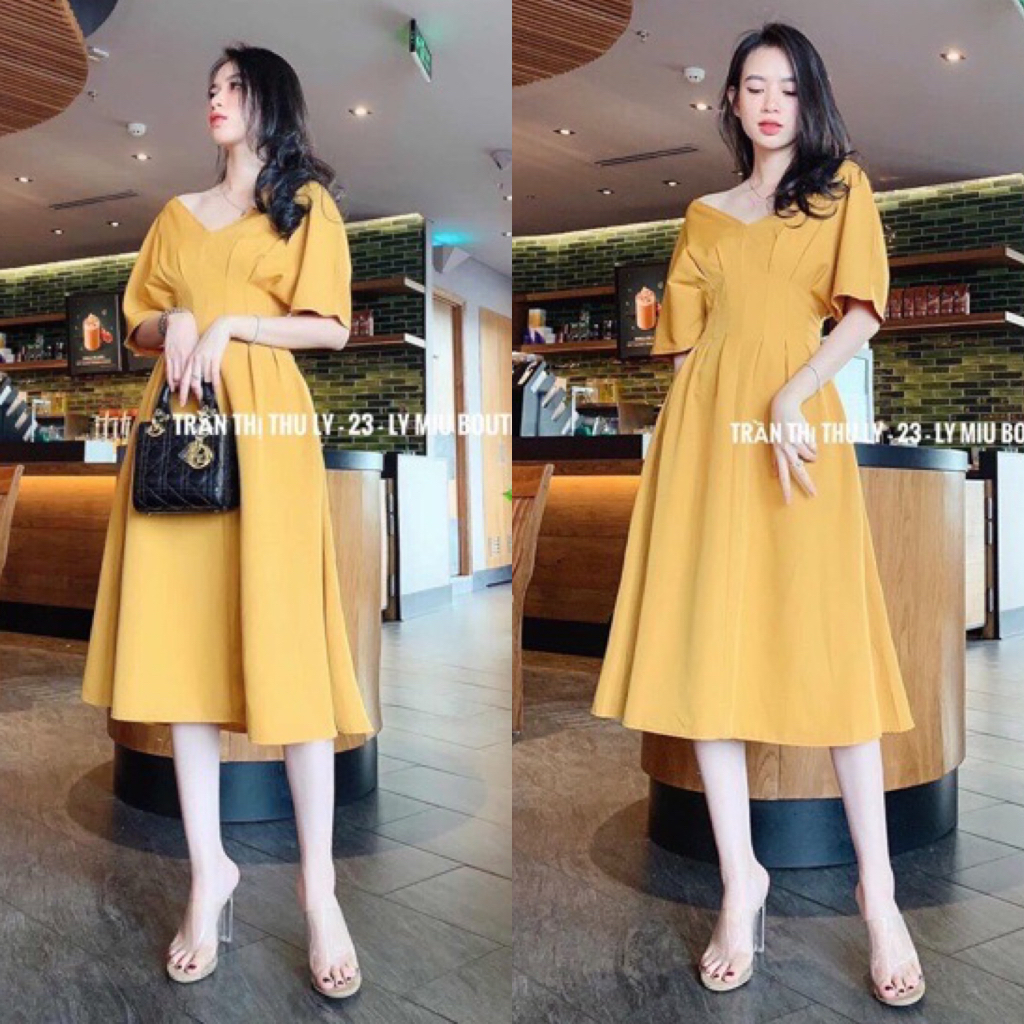 ĐẦM MIDI CỔ V BO EO