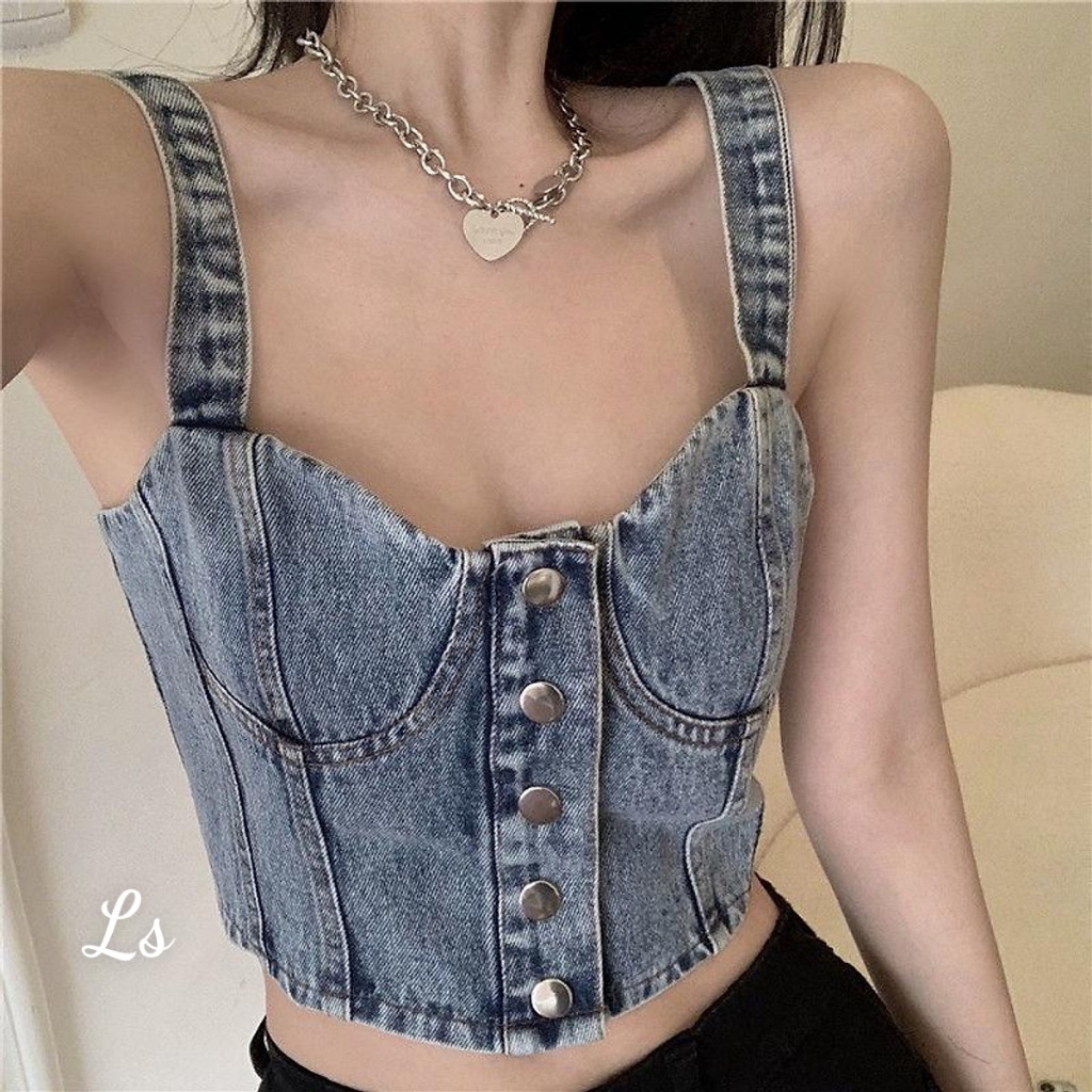 Áo jean 2 dây bản croptop hàng nút viền ngực đẹp