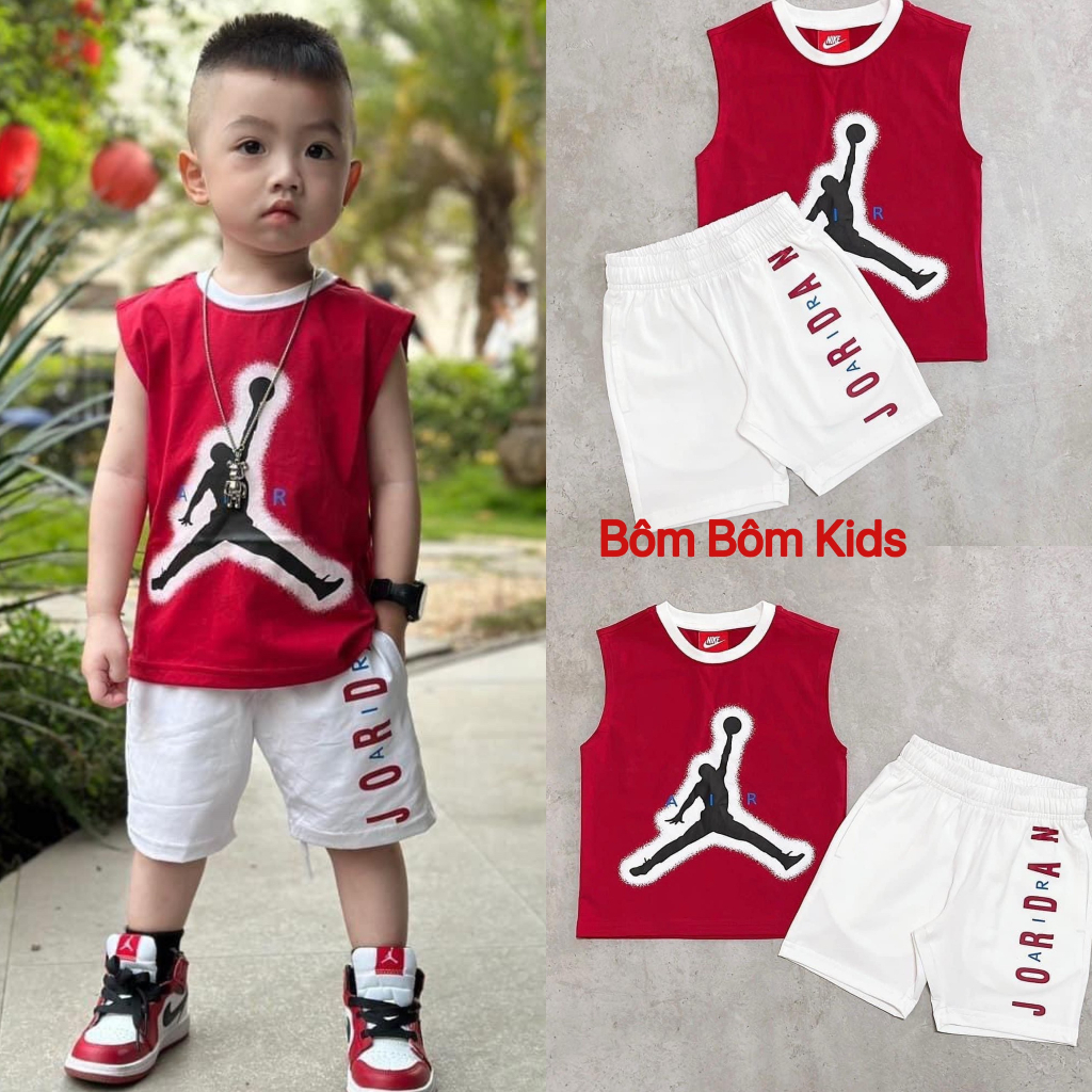 Bộ JORDAN sát nách phối màu đỏ trắng nổi bật chất thun cotton 100% mới nhất cho bé trai (9-43kg) SHOP BÔM BÔM KIDS
