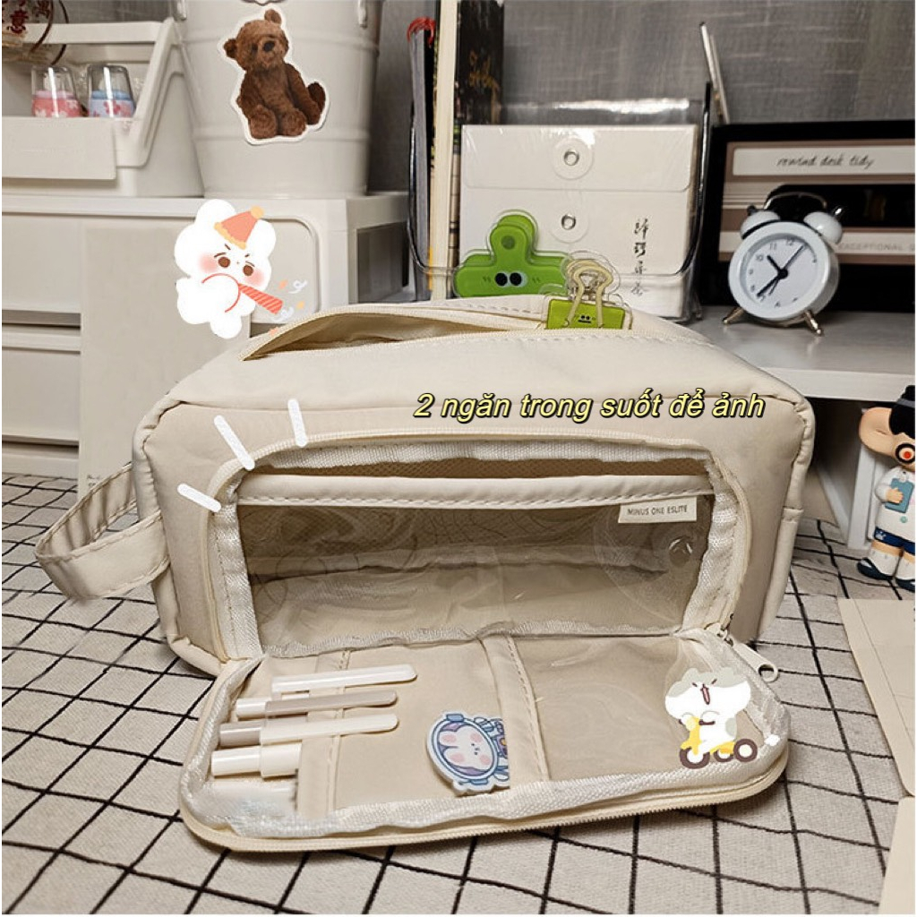 Túi bút vải canvas phối mặt da PU bền bỉ túi đa năng 2 ngăn cỡ lớn đẹp rẻ cho dân văn phòng, học sinh đi học đi làm