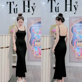 đầm thun lụa 2 dây hở lưng có mút ngực dáng dài
