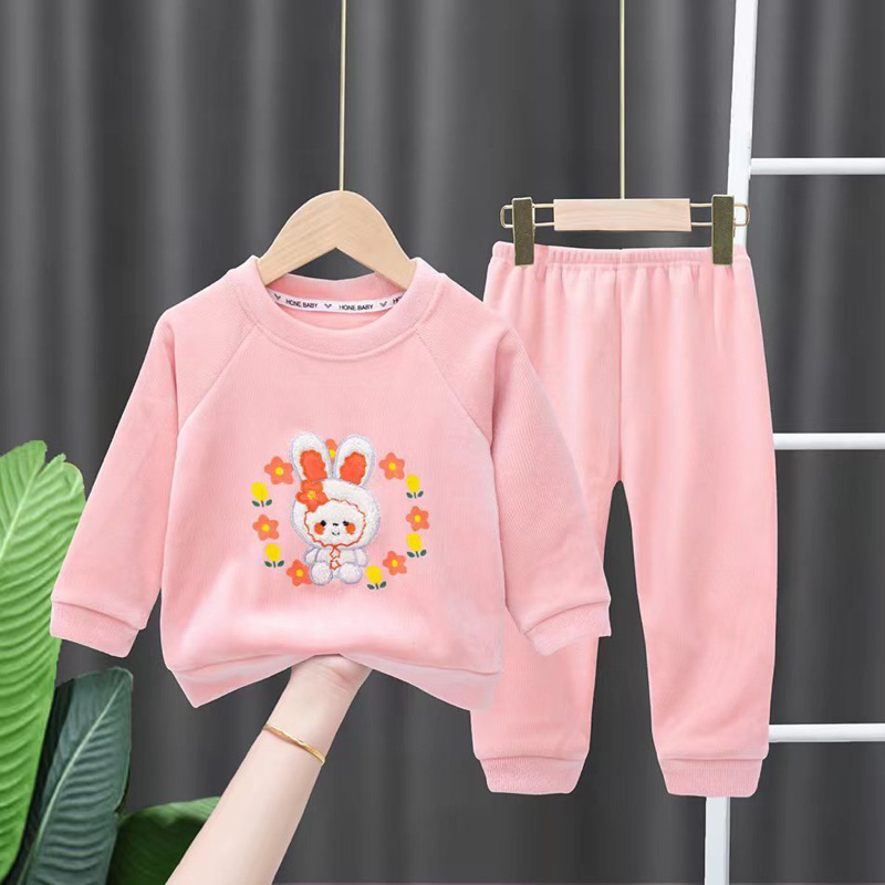 Bộ quần áo nhung hàng quảng châu, có túi thêu nổi hình gấu thỏ mêm min ấm áp cho mẹ và bé từ 31-60kg