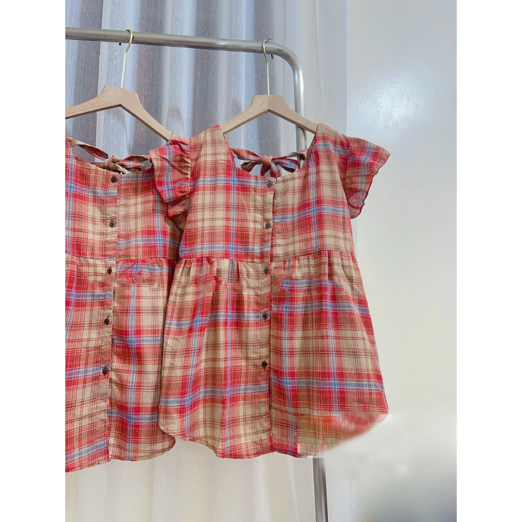 Áo bầu babydoll kẻ đỏ kiểu cánh tiên trẻ - duyên dáng