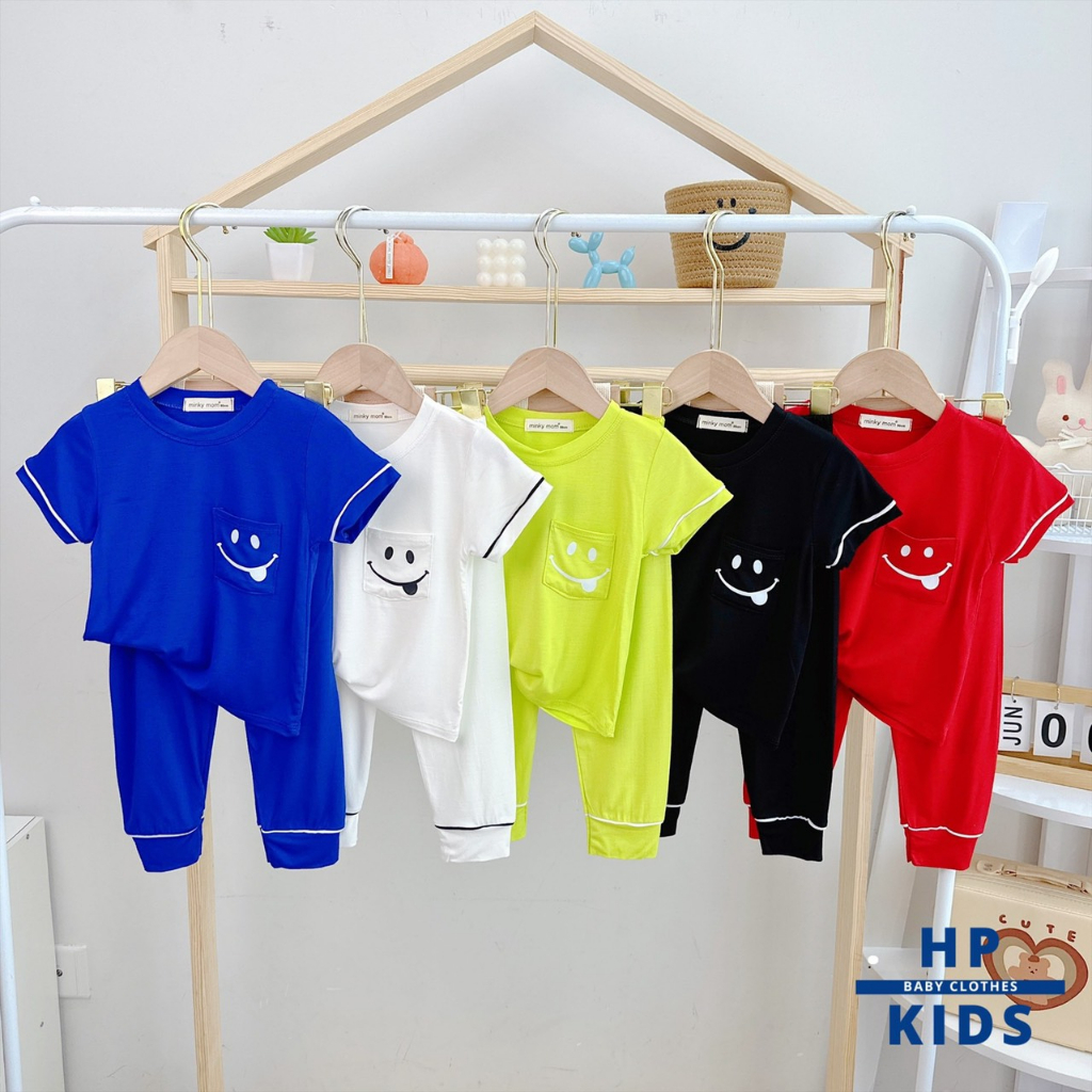Bộ TNQD Size 90 - 150 (9-27kg) thun lạnh Minky Mom in mặt cười chạy viền cho bé siêu xinh
