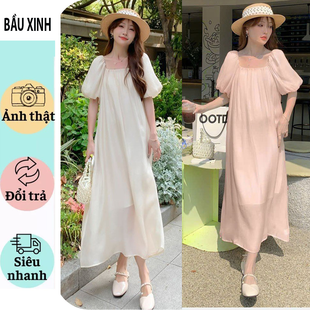 VÁY BẦU MÙA HÈ SIÊU HOT-ĐẦM BẦU CÔN SỞ, ĐI BIỂN THIẾT KẾ DÁNG DÀI TAY PHỒNG XINH XẮN VẢI 2 LỚP MỀM MỊN
