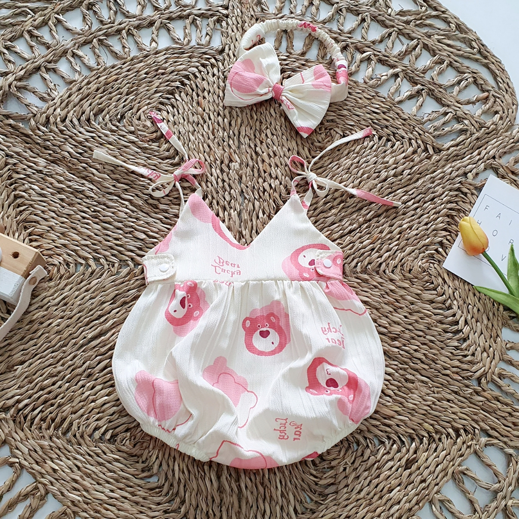 Body chíp dây gấu hồng RIOKIDS cho bé gái sơ sinh đi chơi BD122