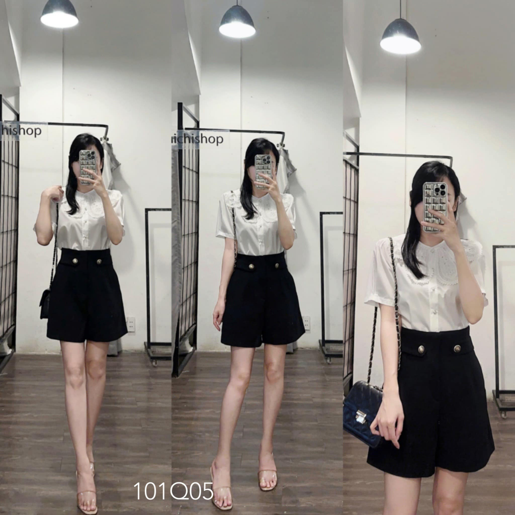 Quần short đen ống rộng cạp cao khuy ngang eo xuất dư - 101Q05