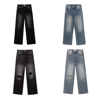 Quần jean xanh/ đen unisex ống rộng trơn/ rách gối