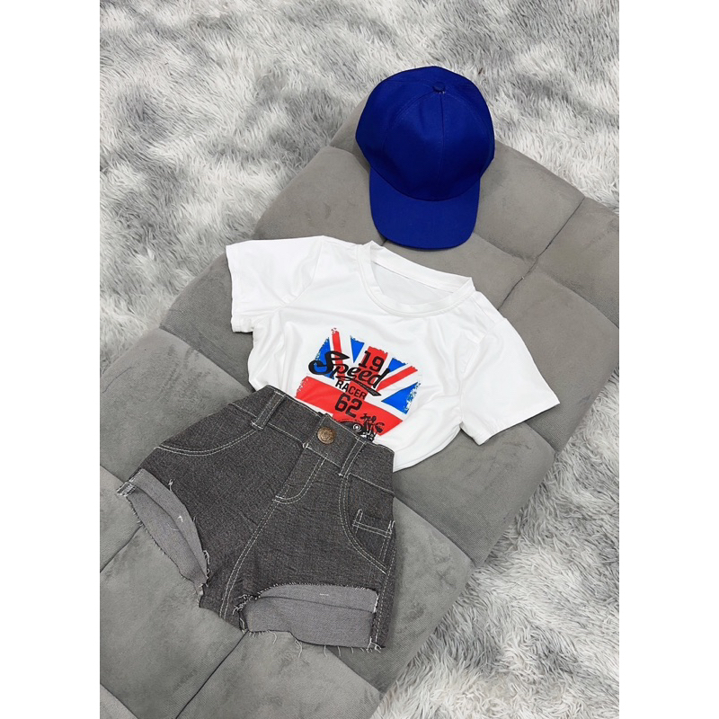 sét quần jeans đùi + áo thun bé gái (kèm mũ)