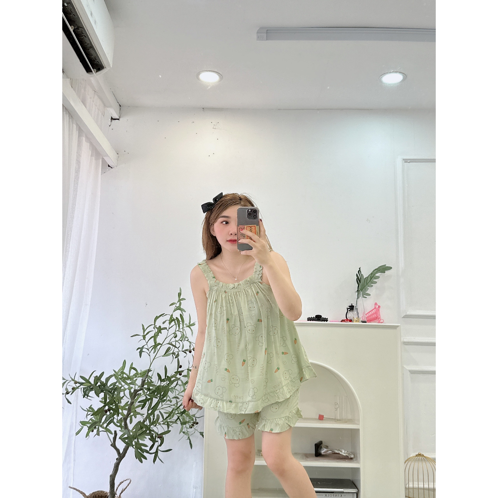 Bộ Pijama HAI DÂY Thỏ Carot Xanh ✨[SALE GIÁ GỐC]✨ Bộ Ngủ Hai Chất Đũi Lạnh Siêu Siêu Mềm Mịn
