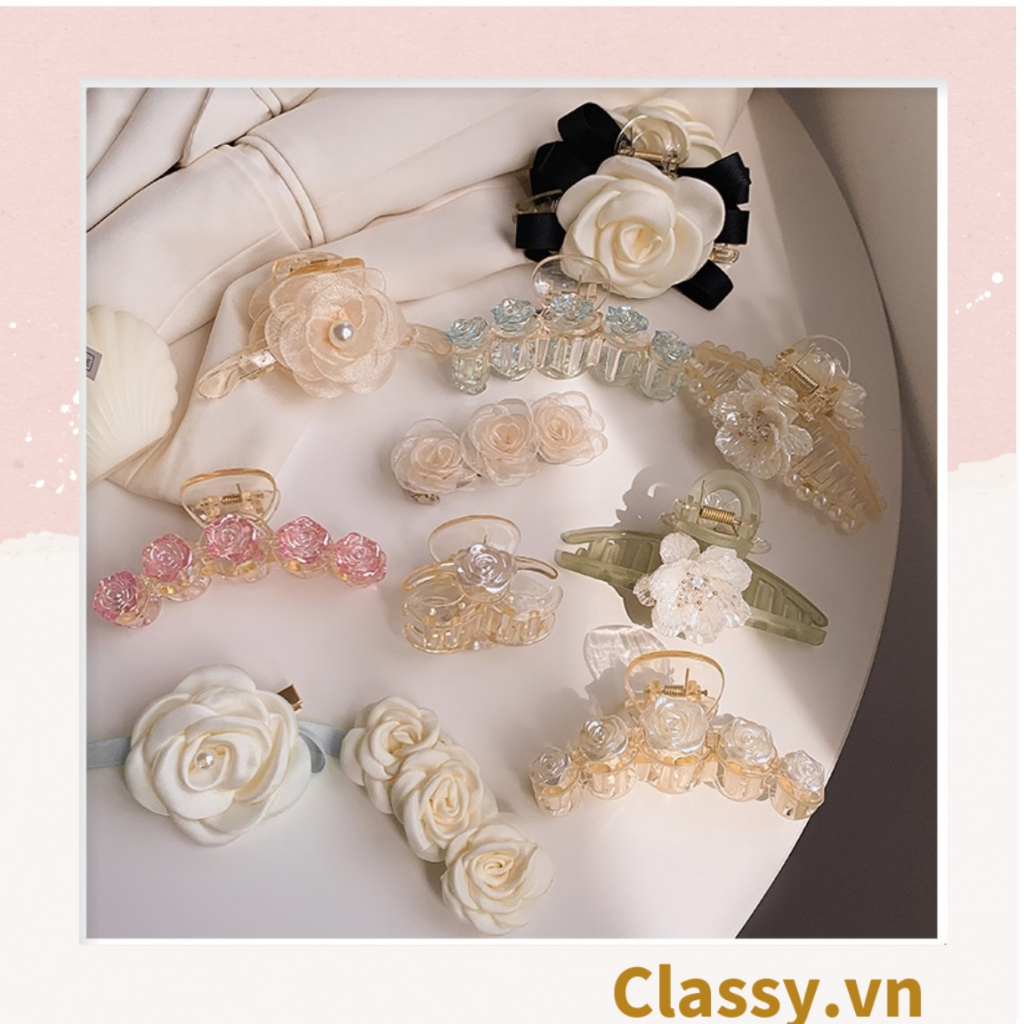 Kẹp càng cua, kẹp tóc Classy  nhiều kích cỡ, kẹp hoa hồng trắng dịu dàng nữ tính PK1613