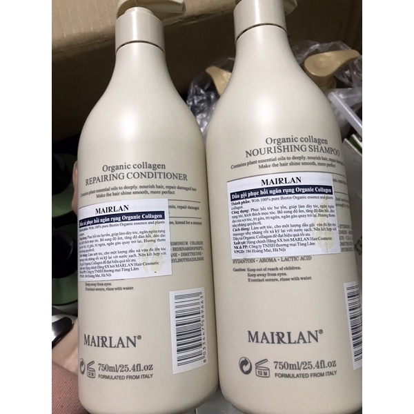 Cặp Dầu Gội Xả Mairlan Organic Collagen 750ml Siêu Mềm Mượt Phục Hồi Tóc Hư Tổn Chính Hãng