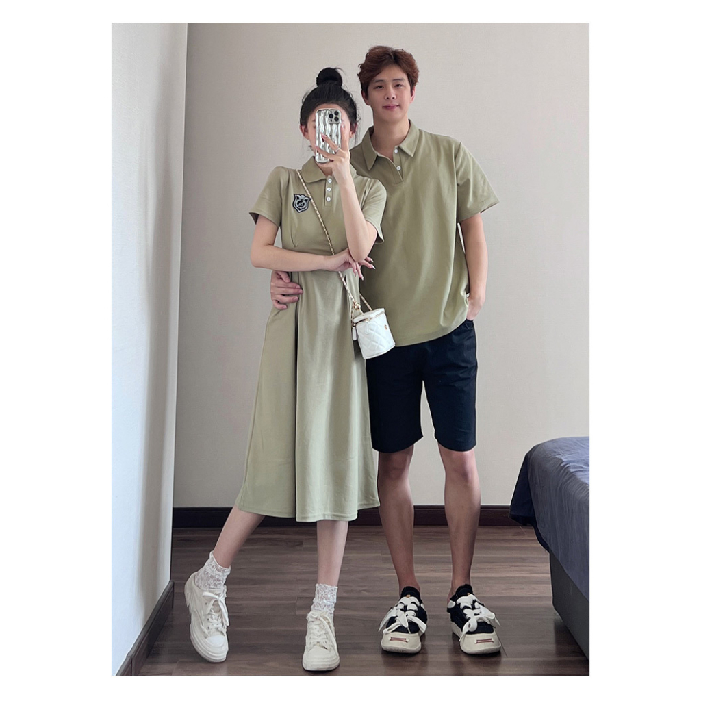 Set đồ đôi áo váy polo nam nữ couple màu xanh hàn quốc tag logo thời trang cặp đôi COUPLELOVE C099