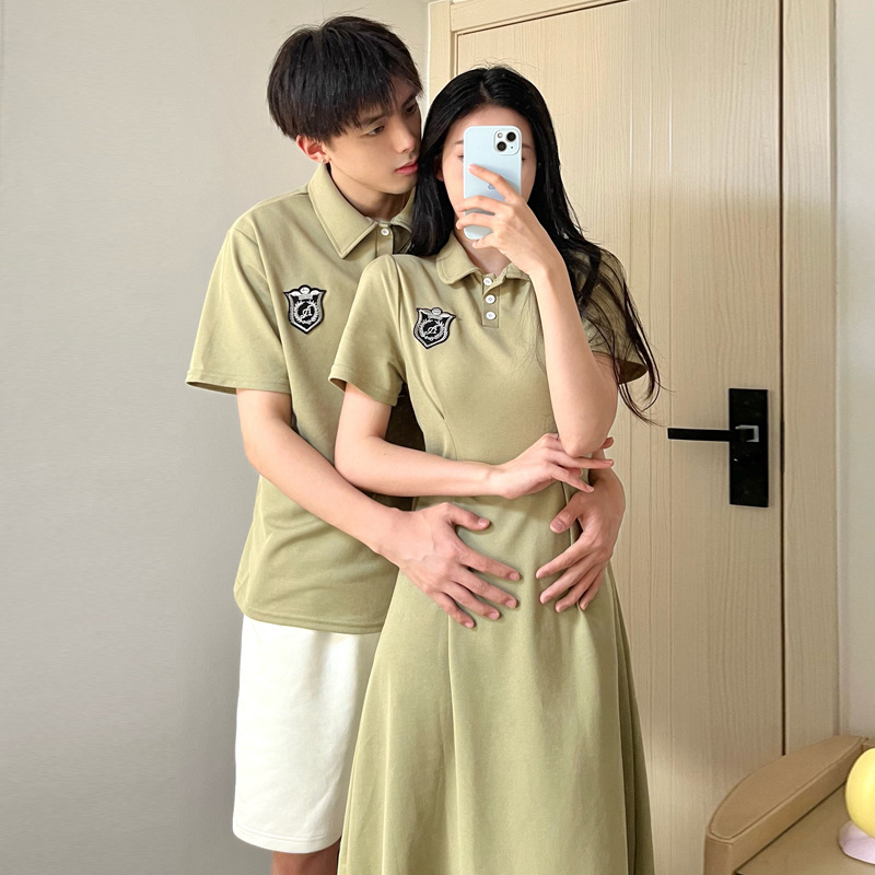 Set đồ đôi áo váy polo nam nữ couple màu xanh hàn quốc tag logo thời trang cặp đôi COUPLELOVE C099