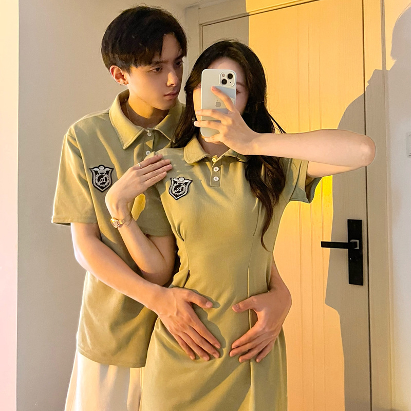 Set đồ đôi áo váy polo nam nữ couple màu xanh hàn quốc tag logo thời trang cặp đôi COUPLELOVE C099